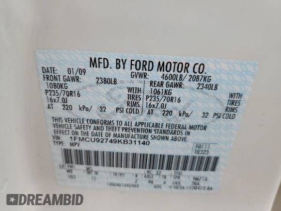 2009 Ford Escape XLS with VIN 1FMCU92749KB31140, listed as a Copart auction lot 53645705 with 213,481 mi miles and Salvage title. Bid and sale history available at DreamBid. Image 13.