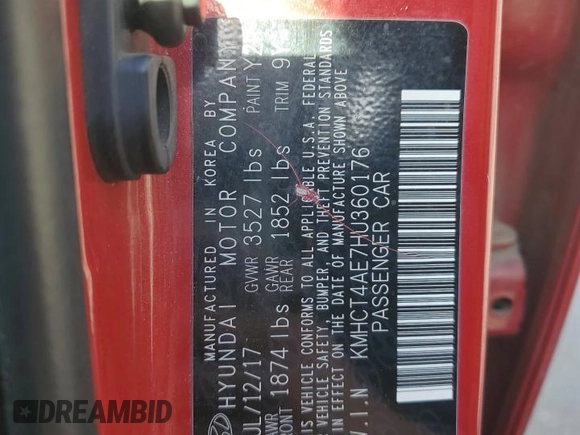 2017 Hyundai Accent Value Edition with VIN KMHCT4AE7HU360176, listed as a Copart auction lot 52005555 with 106,843 mi miles and Clean Title. Bid and sale history available at DreamBid. Image 12.