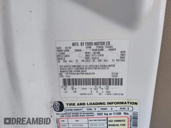 2009 Ford F-150 XL with VIN 1FTPW14V79FA62319, listed as a IAAI auction lot 41410669 with 153,044 mi miles. Bid and sale history available at carsss.com. Image 9.
