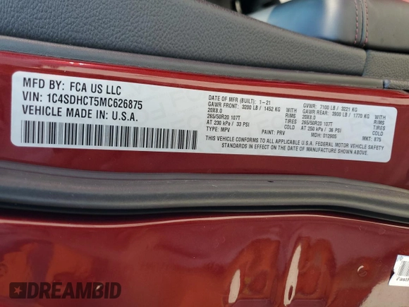 2021 Dodge Durango R/T with VIN 1C4SDHCT5MC626875, listed as a Copart auction lot 75697474 with 46,264 mi miles and Salvage Title. Bid and sale history available at DreamBid. Image 14.