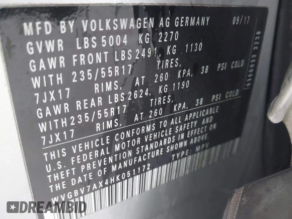 2017 Volkswagen Tiguan S with VIN WVGBV7AX4HK051172, listed as a IAAI auction lot 41843182 with 160,010 mi miles and . Bid and sale history available at DreamBid. Image 9.