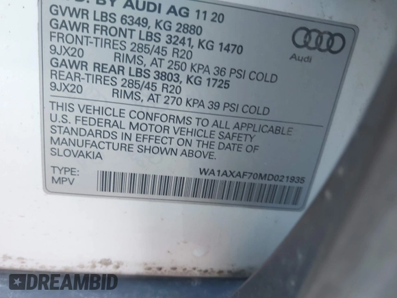 2021 Audi Q7 Premium with VIN WA1AXAF70MD021935, listed as a IAAI auction lot 41973986 with 54,267 mi miles. Bid and sale history available at carsss.com. Image 9.