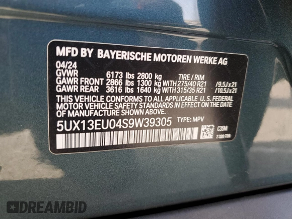 2025 BMW X5 sDrive40i with VIN 5UX13EU04S9W39305, listed as a Copart auction lot 43822695 with 0 mi miles and Salvage Title. Bid and sale history available at carsss.com. Image 15.