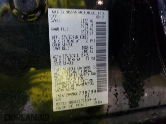 2016 Nissan Rogue SL with VIN 5N1AT2MV9GC738798, listed as a Copart auction lot 52152975 with 76,444 mi miles and Salvage Title. Bid and sale history available at DreamBid. Image 15.