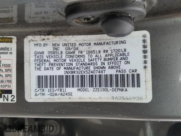 2005 Toyota Corolla CE with VIN 1NXBR32EX5Z407487, listed as a Copart auction lot 61650235 with 233,561 mi miles and Salvage title. Bid and sale history available at DreamBid. Image 12.