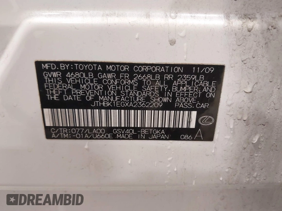 2010 Lexus ES 330 with VIN JTHBK1EGXA2362209, listed as a IAAI auction lot 41327075 with 142,452 mi miles and . Bid and sale history available at DreamBid. Image 9.