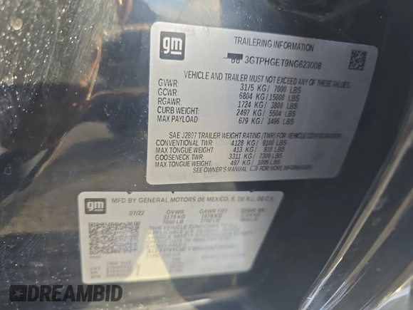 2022 GMC Sierra 1500 with VIN 3GTPHGET9NG623008, listed as a Copart auction lot 88820125 with 54,628 mi miles and Clean Title. Bid and sale history available at DreamBid. Image 10.