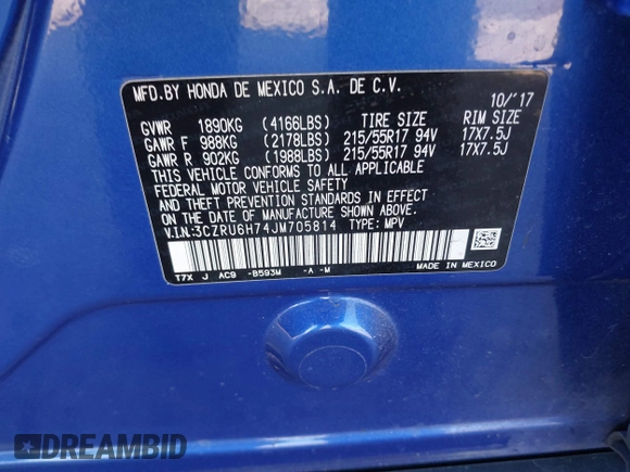 2018 Honda HR-V EX-L Navi with VIN 3CZRU6H74JM705814, listed as a IAAI auction lot 41296671 with 56,702 mi miles. Bid and sale history available at carsss.com. Image 9.
