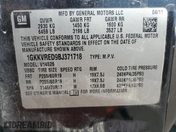 2011 GMC Acadia SLT1 with VIN 1GKKVRED9BJ371718, listed as a Copart auction lot 53379625 with 145,941 mi miles and Clean Title. Bid and sale history available at DreamBid. Image 13.