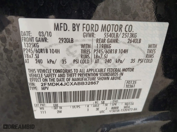 2010 Ford Edge SEL with VIN 2FMDK4JCXABB32867, listed as a IAAI auction lot 41517837 with 108,593 mi miles. Bid and sale history available at carsss.com. Image 9.