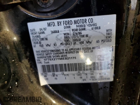 2008 Ford Super Duty F-250 SRW XL with VIN 1FTSX21Y98EB21175, listed as a Copart auction lot 88041985 with 0 mi miles and Salvage Title. Bid and sale history available at carsss.com. Image 12.