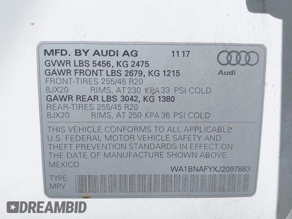 2018 Audi Q5 Premium Plus with VIN WA1BNAFYXJ2097883, listed as a IAAI auction lot 41890804 with 44,220 mi miles. Bid and sale history available at carsss.com. Image 9.