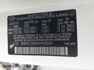 2010 Hyundai Santa Fe GLS with VIN 5NMSG3AB9AH408004, listed as a IAAI auction lot 41758022 with 102,061 mi miles. Bid and sale history available at carsss.com. Image 9.