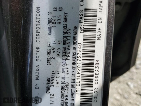 2013 Mazda 3 i Touring with VIN JM1BL1LP2D1757240, listed as a Copart auction lot 59246835 with 92,370 mi miles and Salvage title. Bid and sale history available at DreamBid. Image 14.