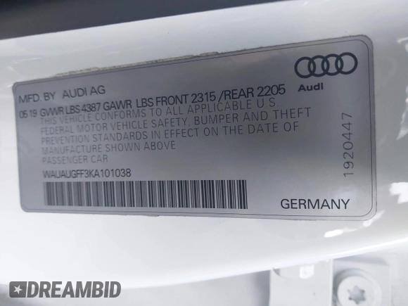 2019 Audi A3 Premium with VIN WAUAUGFF3KA101038, listed as a IAAI auction lot 41878582 with 61,726 mi miles and . Bid and sale history available at DreamBid. Image 9.