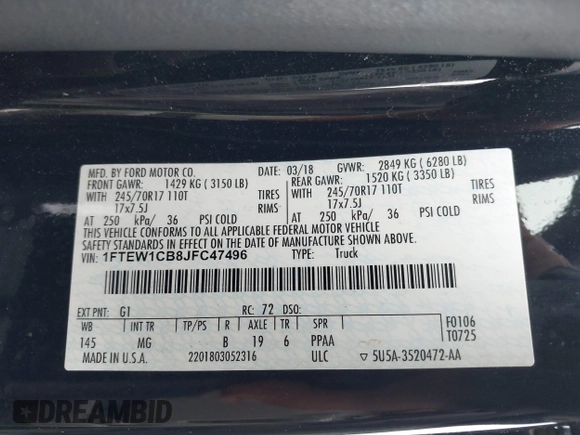 2018 Ford F-150 XL with VIN 1FTEW1CB8JFC47496, listed as a IAAI auction lot 41330632 with 82,308 mi miles. Bid and sale history available at carsss.com. Image 9.