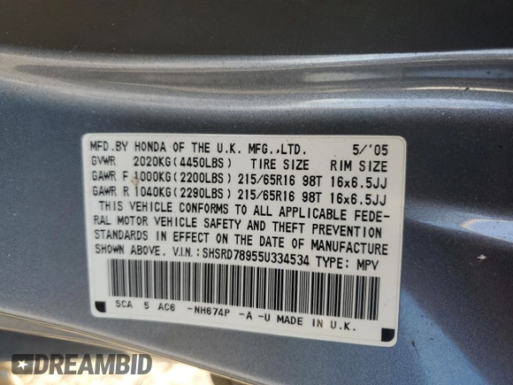 2005 Honda CR-V EX SE with VIN SHSRD78955U334534, listed as a Copart auction lot 46624465 with 160,871 mi miles and Salvage Title. Bid and sale history available at carsss.com. Image 14.