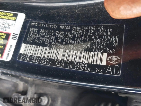 2017 Toyota Corolla L z VIN 2T1BURHE7HC818988, wystawiony jako IAAI lot #42287441 z przebiegiem 197 475 mil mil oraz . Historia ofert i sprzedaży dostępna na DreamBid. Obrazek 9.