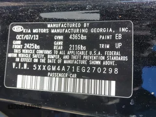 2014 Kia Optima LX with VIN 5XXGM4A71EG270298, listed as a IAAI auction lot 41839869 with 126,209 mi miles. Bid and sale history available at carsss.com. Image 9.