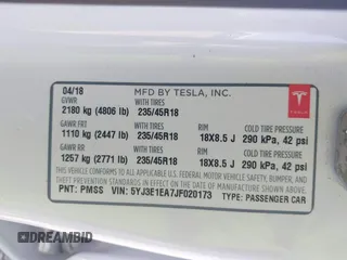 2018 Tesla Model 3 Long Range Battery with VIN 5YJ3E1EA7JF020173, listed as a IAAI auction lot 42046312 with 83,395 mi miles and . Bid and sale history available at DreamBid. Image 9.