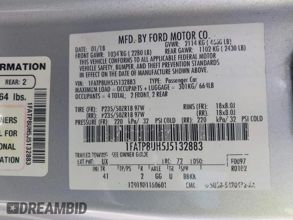 2018 Ford Mustang EcoBoost Premium with VIN 1FATP8UH5J5132883, listed as a IAAI auction lot 42500445 with 120,391 mi miles and . Bid and sale history available at DreamBid. Image 9.