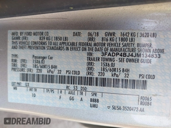 2018 Ford Fiesta SE with VIN 3FADP4BJ4JM134833, listed as a IAAI auction lot 41924079 with 76,781 mi miles and . Bid and sale history available at DreamBid. Image 9.