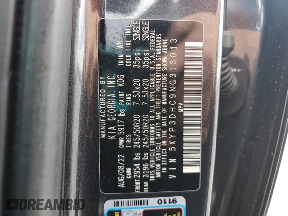 2022 Kia Telluride EX with VIN 5XYP3DHC9NG313013, listed as a Copart auction lot 55946615 with 58,276 mi miles and Salvage title. Bid and sale history available at DreamBid. Image 13.
