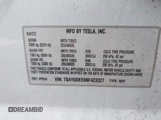 2022 Tesla Model Y Long Range with VIN 7SAYGDEE0NF423327, listed as a IAAI auction lot 41941114 with 29,559 mi miles and . Bid and sale history available at carsss.com. Image 9.