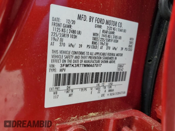2021 Ford Mustang Mach-E Premium с VIN 3FMTK3R77MMA07017, выставлен на аукционе Copart как лот 58750095 с пробегом 70 327 миль миль и Списание • Salvage title. История ставок и продаж доступна на DreamBid. Изображение 12.
