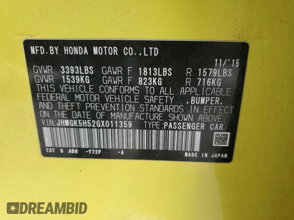 2016 Honda Fit LX with VIN JHMGK5H52GX011359, listed as a Copart auction lot 49472825 with 88,063 mi miles and Salvage title. Bid and sale history available at DreamBid. Image 12.