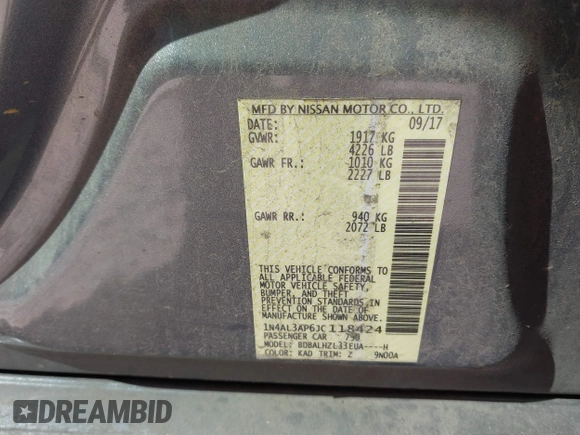 2018 Nissan Altima SR with VIN 1N4AL3AP6JC118424, listed as a IAAI auction lot 41697348 with 112,910 mi miles and . Bid and sale history available at carsss.com. Image 9.