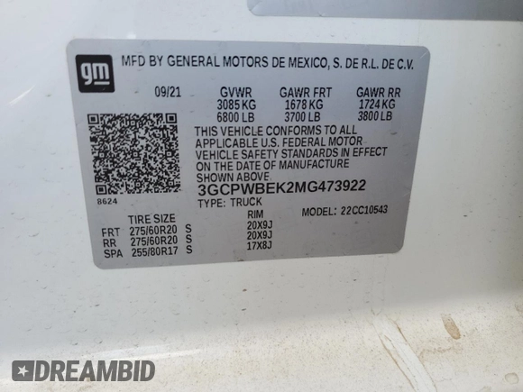2021 Chevrolet Silverado 1500 Custom with VIN 3GCPWBEK2MG473922, listed as a Copart auction lot 42142875 with Not Provided miles and Salvage Title. Bid and sale history available at DreamBid. Image 12.