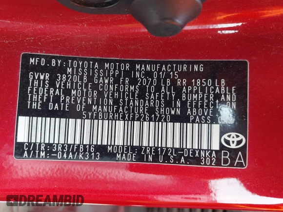 2015 Toyota Corolla L z VIN 5YFBURHEXFP261720, wystawiony jako IAAI lot #42055728 z przebiegiem 171 378 mil mil oraz . Historia ofert i sprzedaży dostępna na DreamBid. Obrazek 9.