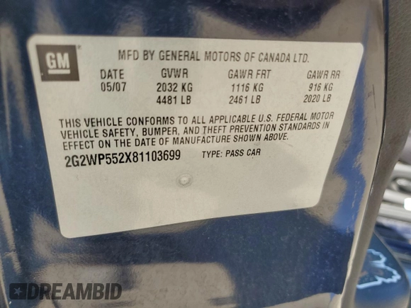 2008 Pontiac Grand Prix with VIN 2G2WP552X81103699, listed as a Copart auction lot 61565325 with 130,886 mi miles and Salvage title. Bid and sale history available at DreamBid. Image 12.
