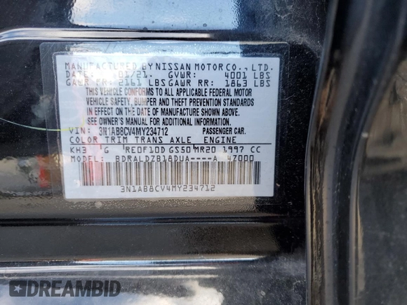 2021 Nissan Sentra SV with VIN 3N1AB8CV4MY234712, listed as a Copart auction lot 41754445 with 43,866 mi miles and Non repairable. Bid and sale history available at DreamBid. Image 13.