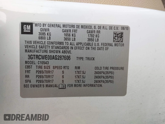 2010 GMC Sierra 1500 SLT z VIN 3GTRCWE00AG287606, wystawiony jako IAAI lot #41406243 z przebiegiem 218 866 mil mil oraz . Historia ofert i sprzedaży dostępna na DreamBid. Obrazek 9.