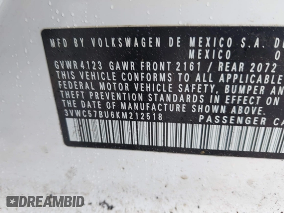 2019 Volkswagen Jetta S с VIN 3VWC57BU6KM212518, выставлен на аукционе IAAI как лот 42454960 с пробегом 51 526 миль миль и . История ставок и продаж доступна на DreamBid. Изображение 9.