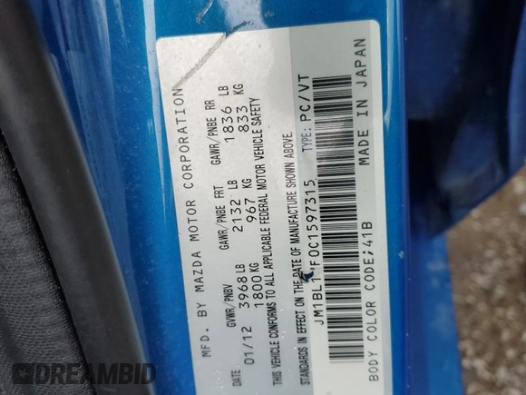 2012 Mazda 3 i Sport with VIN JM1BL1UF0C1597315, listed as a Copart auction lot 50304985 with 323,403 mi miles and Salvage Title. Bid and sale history available at DreamBid. Image 13.