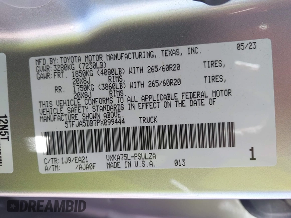 2023 Toyota Tundra Limited with VIN 5TFJA5DB7PX099444, listed as a IAAI auction lot 41654578 with 43,842 mi miles and . Bid and sale history available at DreamBid. Image 9.