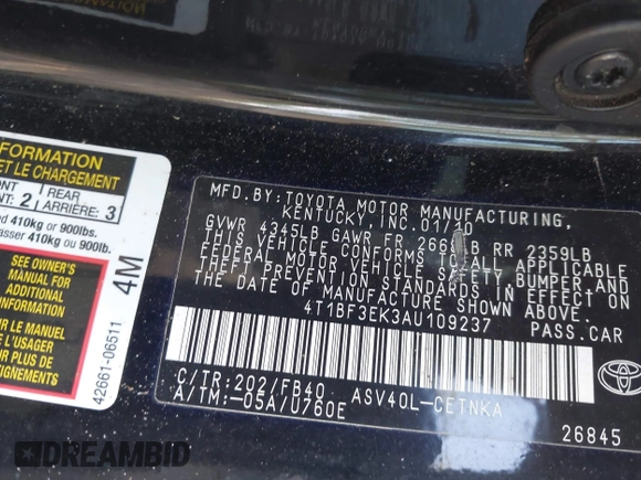 2010 Toyota Camry with VIN 4T1BF3EK3AU109237, listed as a IAAI auction lot 42209056 with 176,936 mi miles and . Bid and sale history available at DreamBid. Image 9.