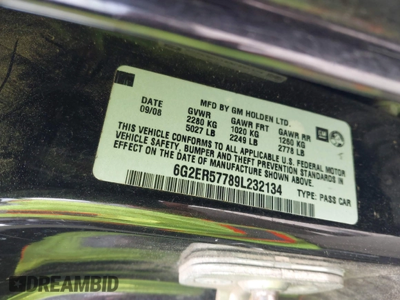 2009 Pontiac G8 with VIN 6G2ER57789L232134, listed as a IAAI auction lot 41864803 with 166,717 mi miles. Bid and sale history available at carsss.com. Image 9.