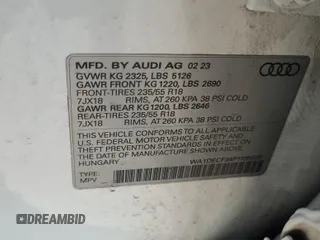 2023 Audi Q3 S line Premium with VIN WA1DECF34P1106228, listed as a IAAI auction lot 42734425 with 52,167 mi miles and . Bid and sale history available at DreamBid. Image 36.