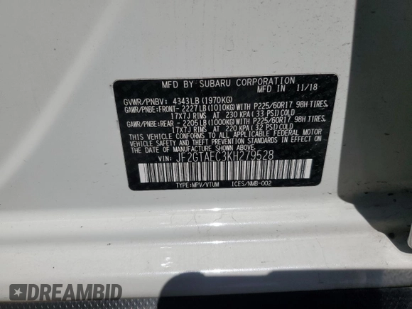 2019 Subaru Crosstrek Premium with VIN JF2GTAEC3KH279528, listed as a Copart auction lot 57221435 with 46,626 mi miles and Salvage title. Bid and sale history available at DreamBid. Image 13.