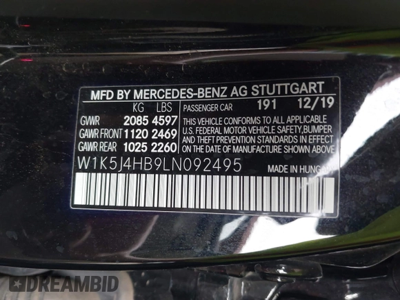 2020 Mercedes-Benz CLA 250 with VIN W1K5J4HB9LN092495, listed as a IAAI auction lot 42381587 with 59,860 mi miles and . Bid and sale history available at DreamBid. Image 9.