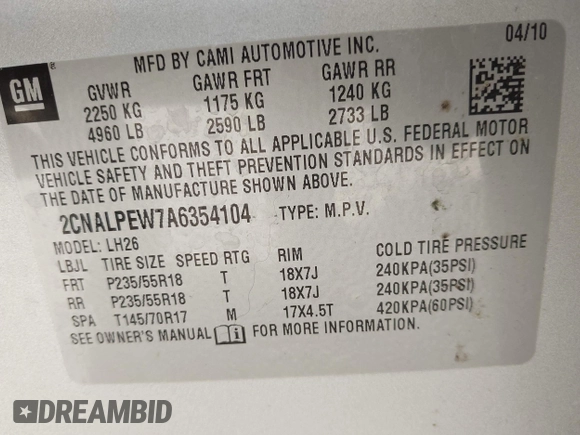 2010 Chevrolet Equinox 2LT with VIN 2CNALPEW7A6354104, listed as a IAAI auction lot 42099429 with 94,418 mi miles and . Bid and sale history available at DreamBid. Image 9.
