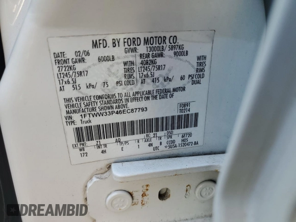 2006 Ford F-350 XL с VIN 1FTWW33P46EC87793, выставлен на аукционе Copart как лот 42905885 с пробегом 220 874 миль миль и Списание • Salvage title. История ставок и продаж доступна на DreamBid. Изображение 12.