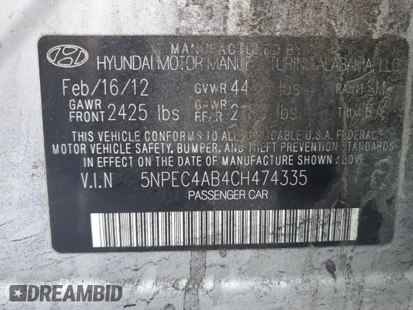 2012 Hyundai Sonata Limited with VIN 5NPEC4AB4CH474335, listed as a Copart auction lot 44279805 with 206,775 mi miles and Salvage Title. Bid and sale history available at DreamBid. Image 14.
