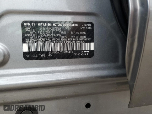 2020 Mitsubishi Outlander ES with VIN JA4AR3AU7LU013493, listed as a Copart auction lot 59749165 with 39,915 mi miles and Salvage title. Bid and sale history available at DreamBid. Image 14.