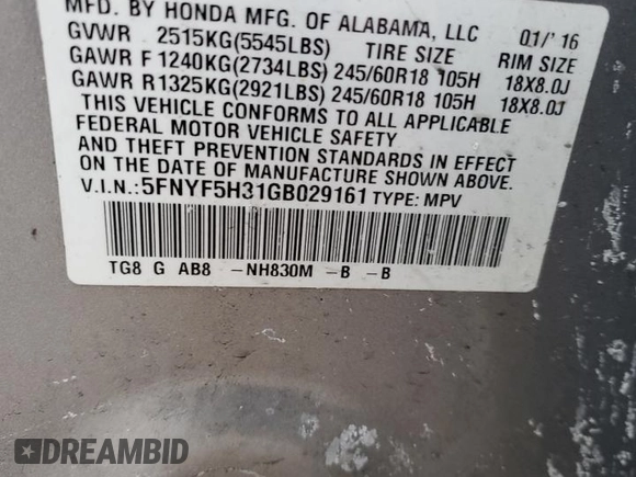2016 Honda Pilot EX with VIN 5FNYF5H31GB029161, listed as a Copart auction lot 41995425 with 124,793 mi miles and Salvage Title. Bid and sale history available at carsss.com. Image 14.