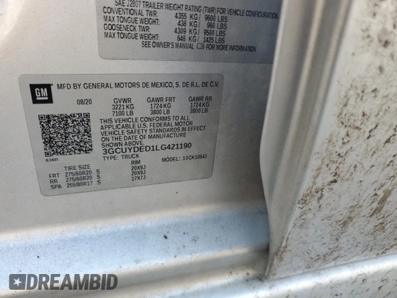 2020 Chevrolet Silverado 1500 LT with VIN 3GCUYDED1LG421190, listed as a Copart auction lot 46232835 with 145,558 mi miles and Salvage Title. Bid and sale history available at DreamBid. Image 14.